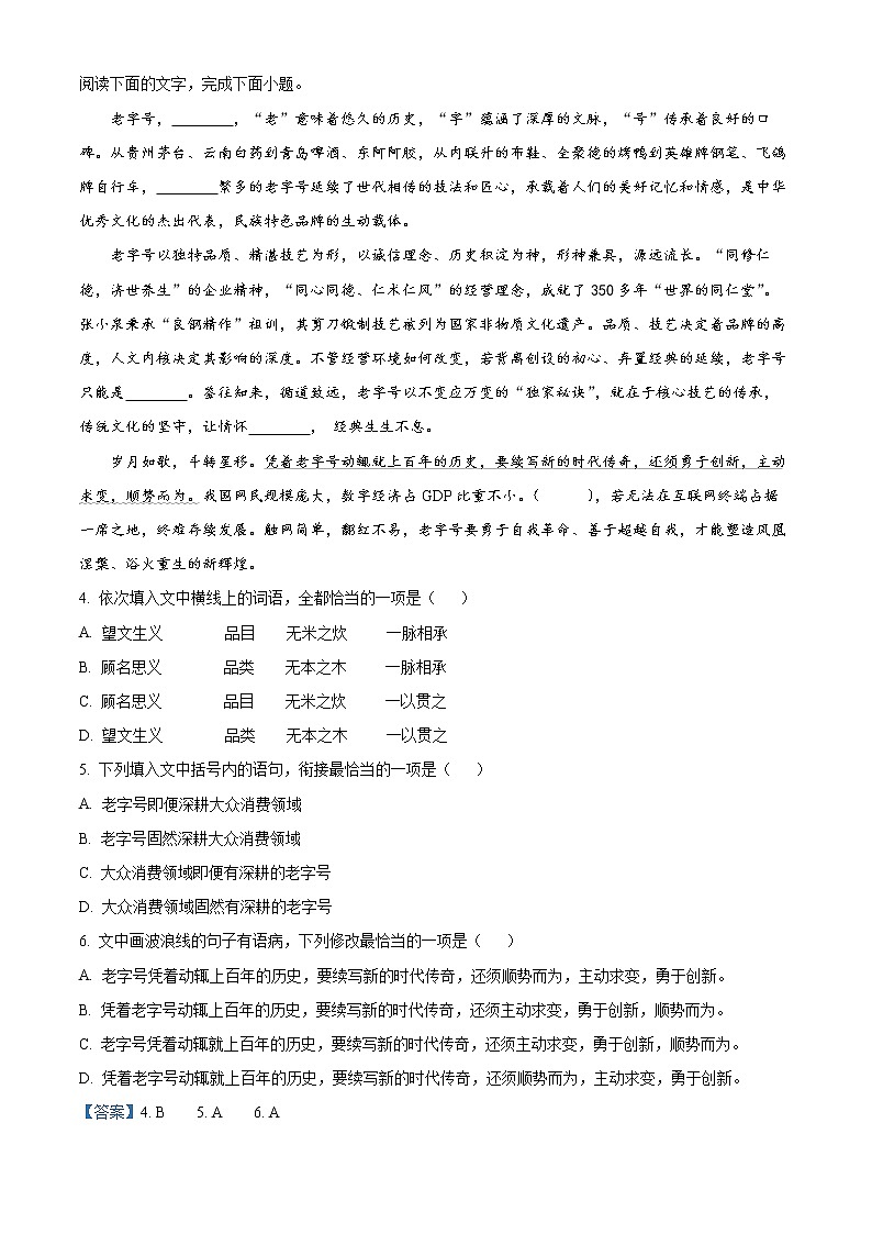 2022-2023学年河北省衡水市衡水中学高一上学期综合素质检测（二）语文试题（解析版）03