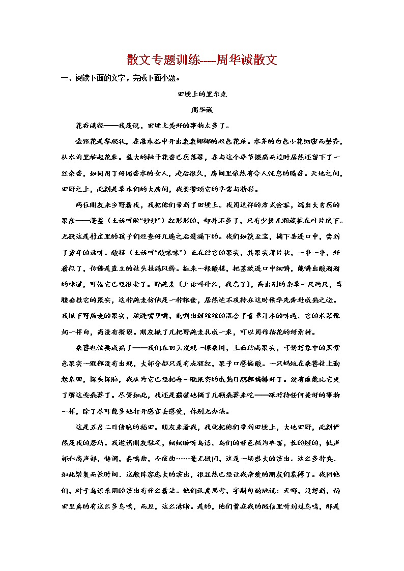2023届高考语文复习：散文专题训练——周华诚散文01