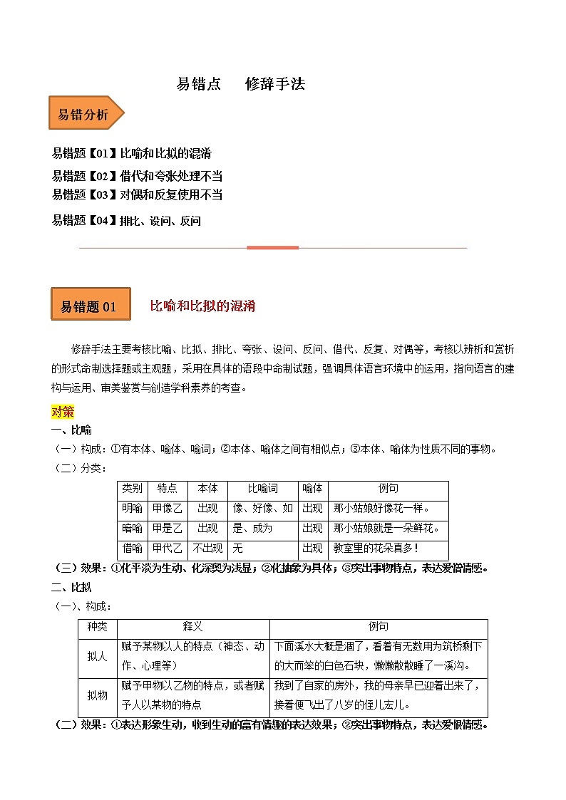 【备考2023】高考语文易错题汇编（全国通用）——易错点18  修辞手法 （原卷版）第1页