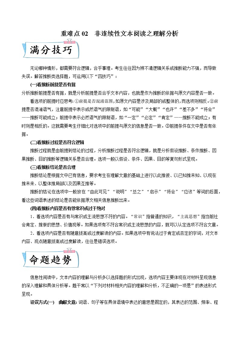 高考语文热点+重难点专题特训学案（全国通用）——重难点02  非连续性文本阅读之理解分析01