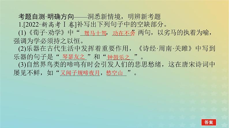 2023新教材高考语文二轮专题复习专题二古诗文阅读第三部分名篇名句默写第1讲显示内容提要与情感态度的名句课件03