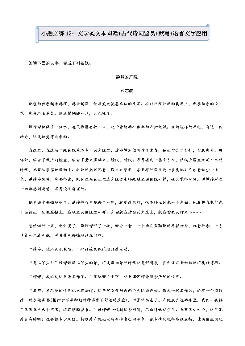 新高考语文  2021届小题必练12 文学类文本阅读+古代诗词鉴赏+默写+语言文字应用 学生版第1页