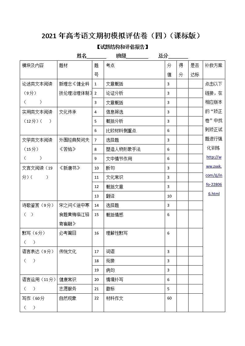 新高考语文2021年高考语文期初模拟评估卷（四）（全国通用）-试题评估报告第1页