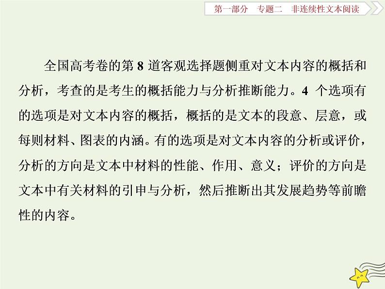 新高考语文2020高考语文大一轮复习第一部分专题二非连续性文本阅读2高考命题点二非连续性文本阅读第二题__四步三想一原则课件 21702