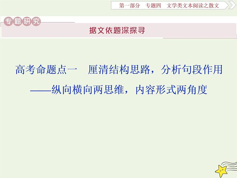 新高考语文2020高考语文大一轮复习第一部分专题四文学类文本阅读之散文1高考命题点一厘清结构思路分析句段作用__纵向横向两思维内容形式两角度课件 226第1页