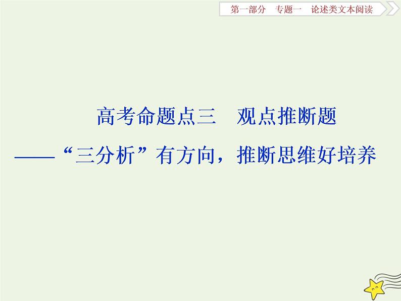 新高考语文2020高考语文大一轮复习第一部分专题一论述类文本阅读3高考命题点三观点推断题__“三分析”有方向推断思维好培养课件 23701