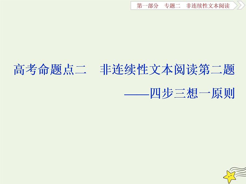 新高考语文2020高考语文大一轮复习第一部分专题二非连续性文本阅读2高考命题点二非连续性文本阅读第二题__四步三想一原则课件 217第1页