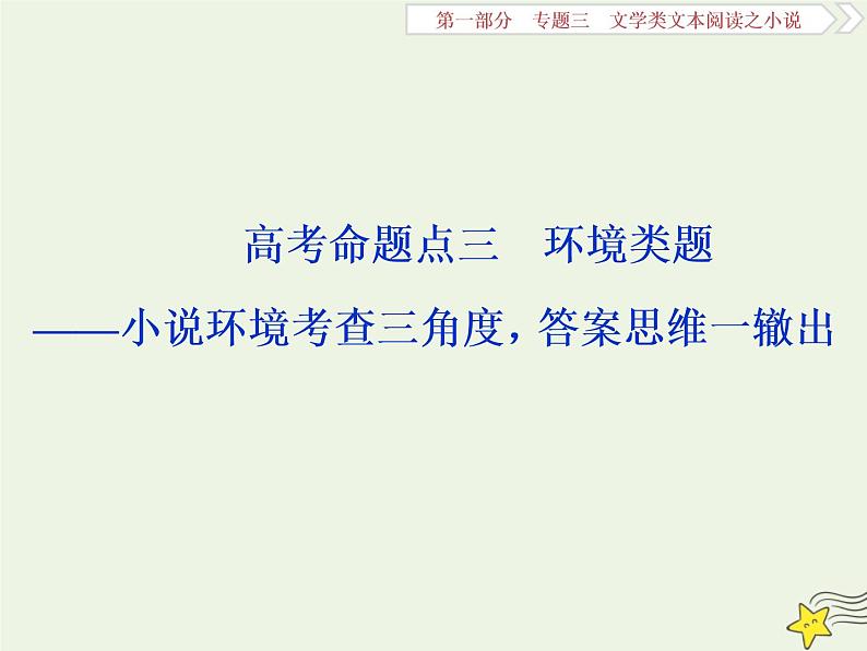 新高考语文2020高考语文大一轮复习第一部分专题三文学类文本阅读之小说3高考命题点三环境类题__小说环境考查三角度答案思维一辙出课件 222第1页