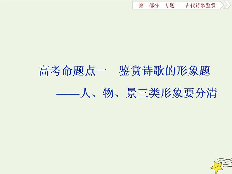 新高考语文2020高考语文大一轮复习第二部分专题二古代诗歌鉴赏3高考命题点一鉴赏诗歌的形象题__人物景三类形象要分清课件 201第1页