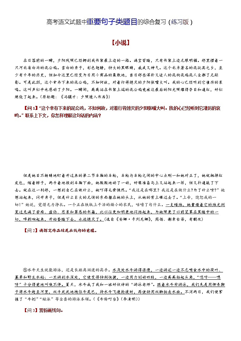 高考语文复习-- 语文试题中重要句子类题目的综合复习2（含解析）第1页
