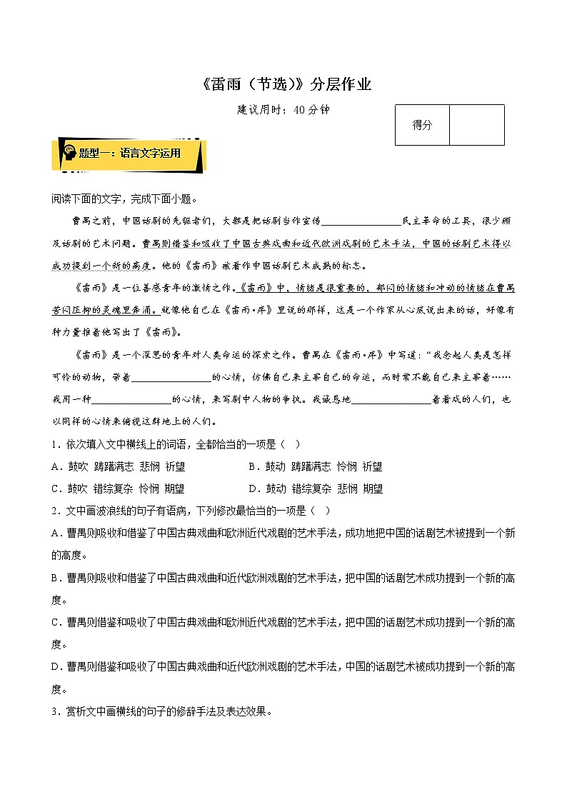 5 《雷雨（节选）》（分层作业）（原卷版）-高一语文必修下册同步备课系列（统编版）第1页
