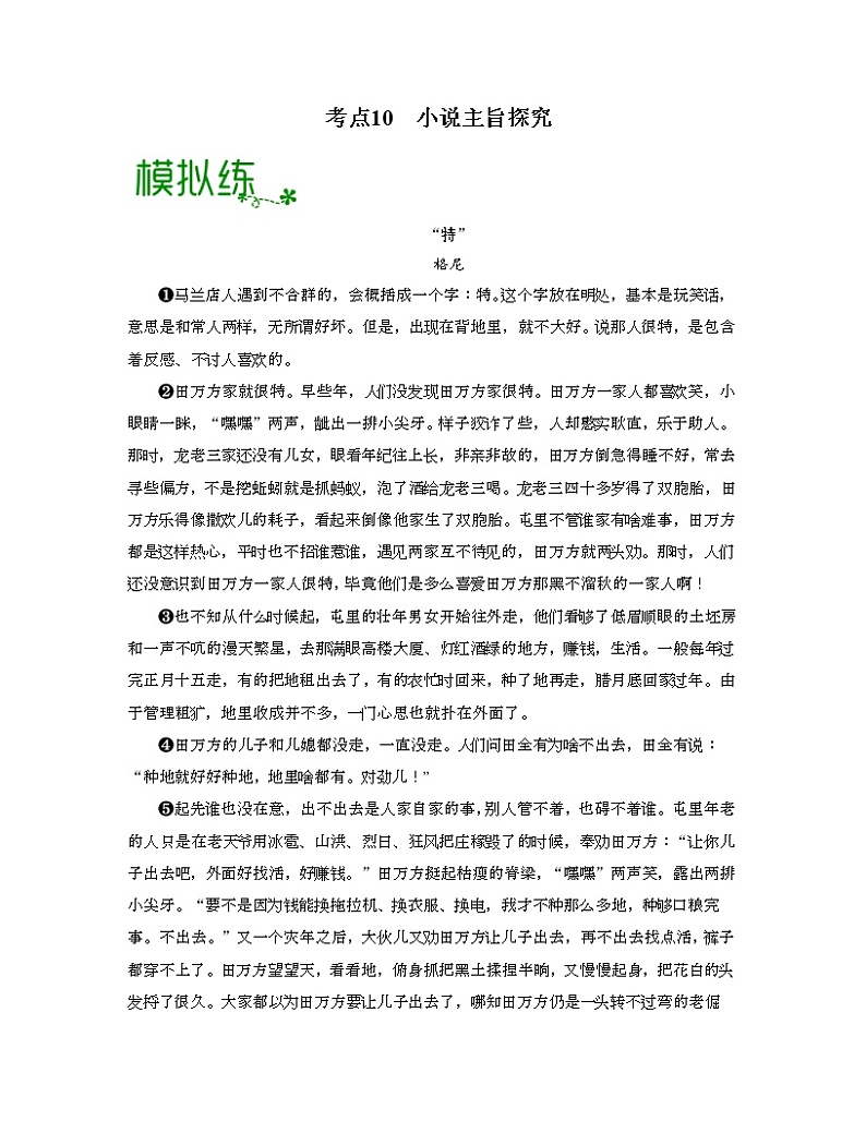 考点10  小说主旨探究-高考语文大一轮单元复习课件与检测（全国通用）01