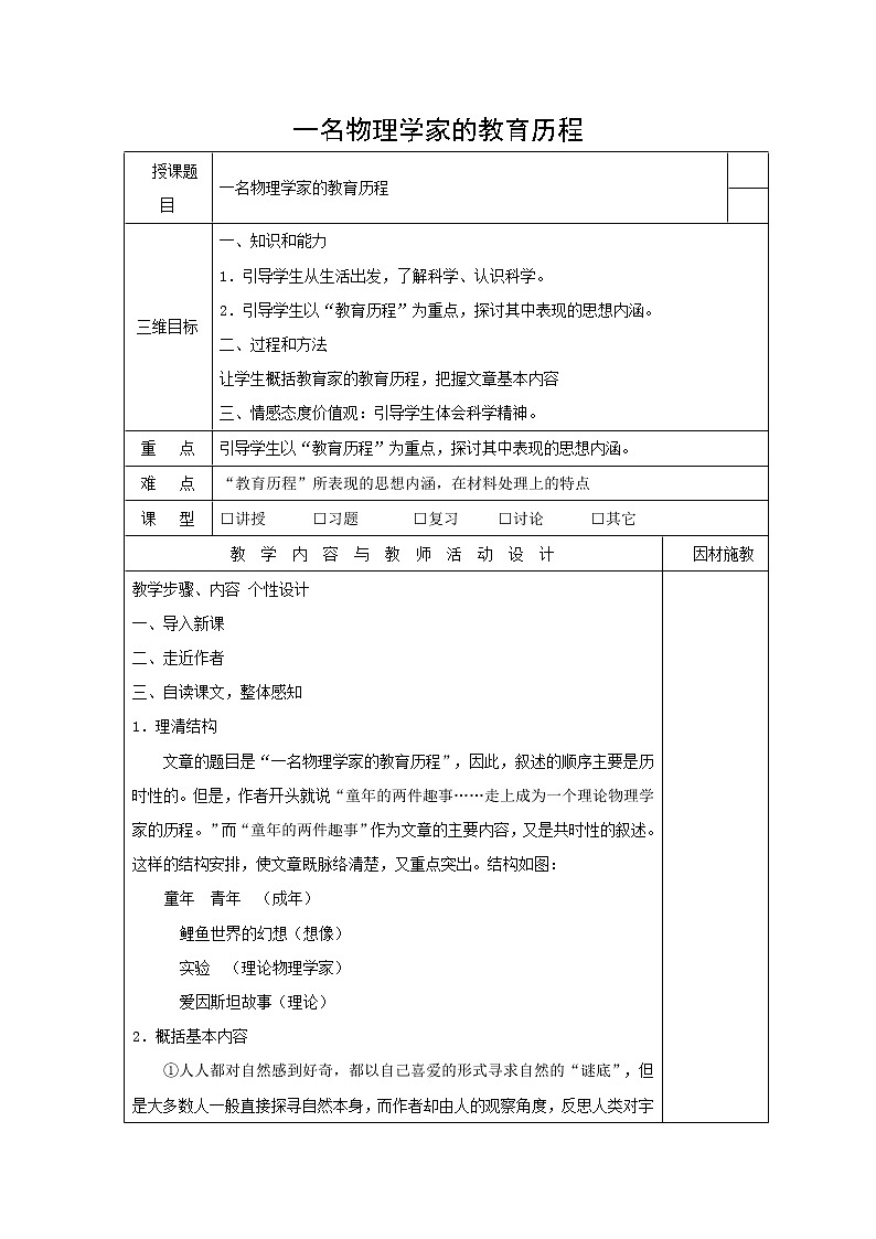 人教版高中语文必修三：教学设计12：第14课 一名物理学家的教育历程 Word版第1页