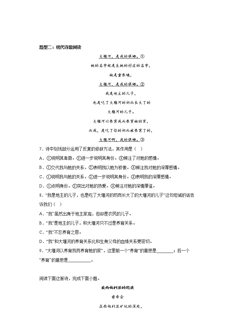 6.1《 大堰河——我的保姆》同步练习  2022-2023学年统编版高中语文选择性必修下册03