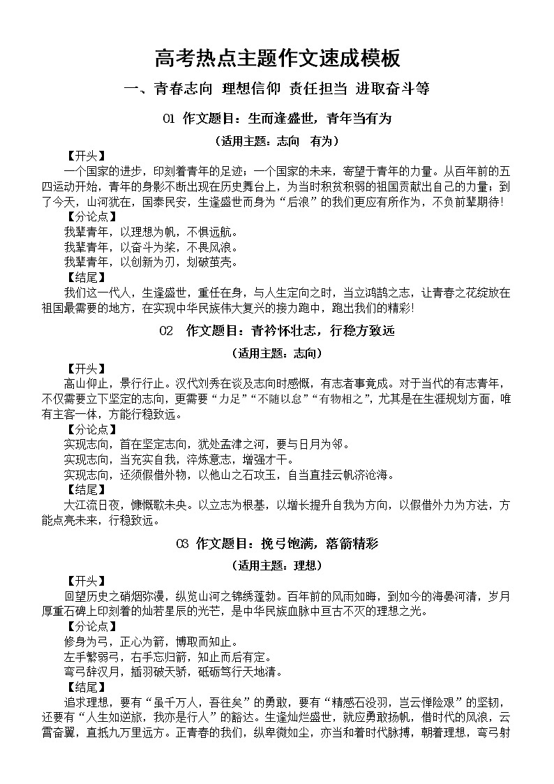 高中语文2023高考热点主题作文速成模板汇总（题目模板+段落模板）第1页