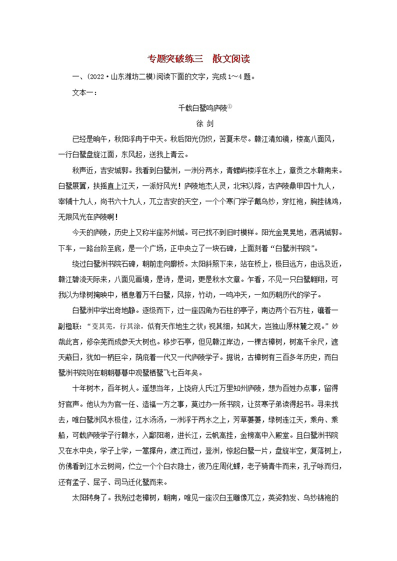 （新高考适用）2023版高考语文二轮总复习 第2部分 攻坚决胜 专题突破练3 散文阅读第1页