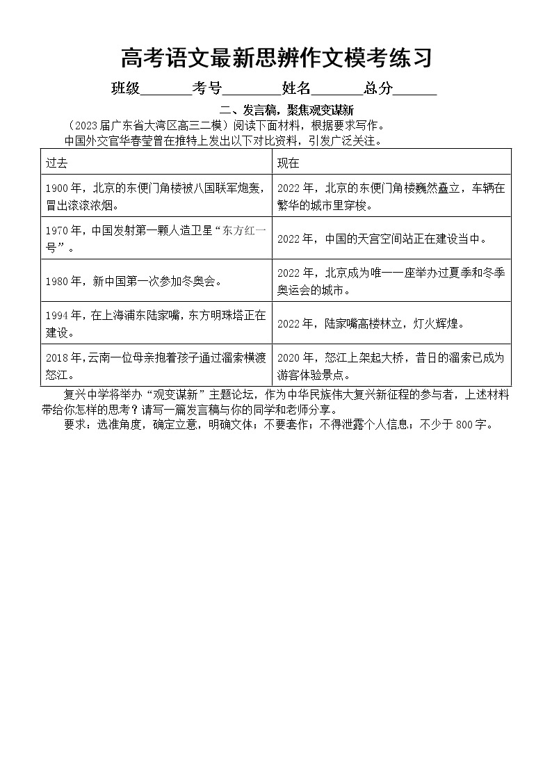 高中语文2023高考最新名校思辨作文模考练习（共6个主题，附写作指导和参考范文）02