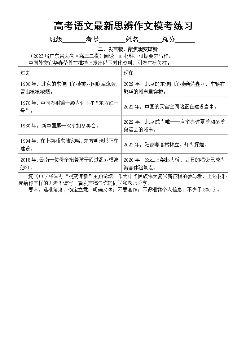 高中语文2023高考最新名校思辨作文模考练习（共6个主题，附写作指导和参考范文）02