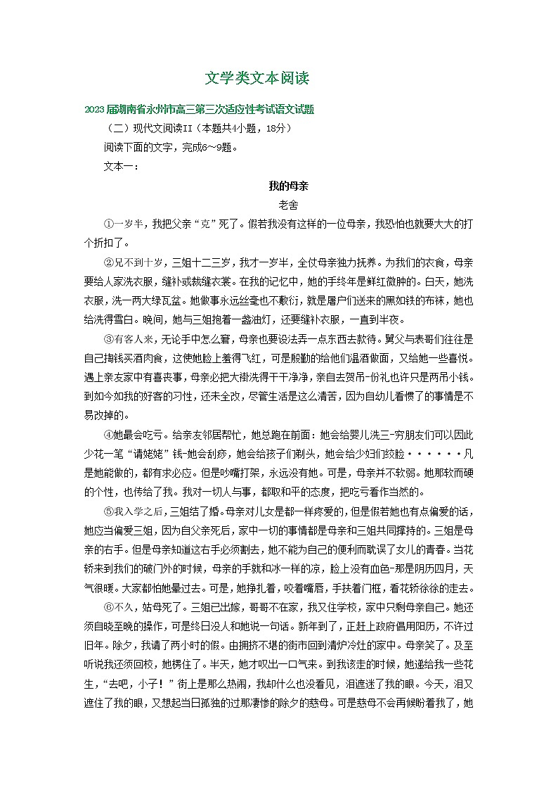 2023届湖南省部分地区高三4月语文试卷分类汇编：文学类文本阅读第1页