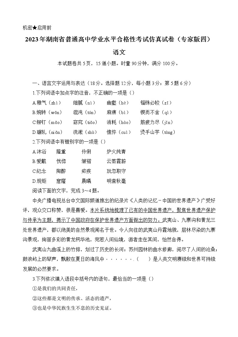 2023年湖南省普通高中学业水平合格性考试仿真试卷（专家版四）语文试卷（Word版含答案）01