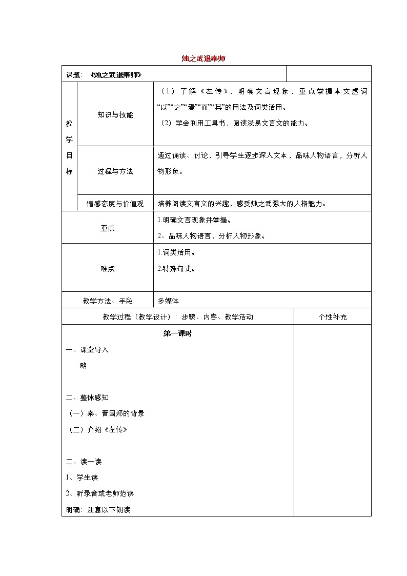 高中语文统编版必修下册 烛之武退秦师 教案（系列三）第1页