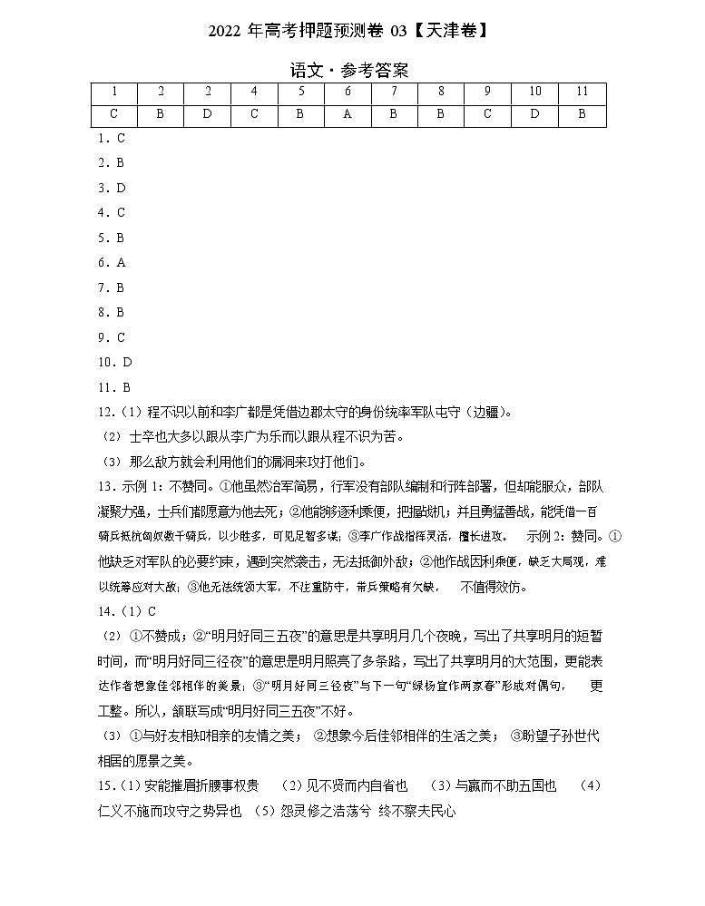 语文-2022年高考押题预测卷（天津卷）（参考答案）01