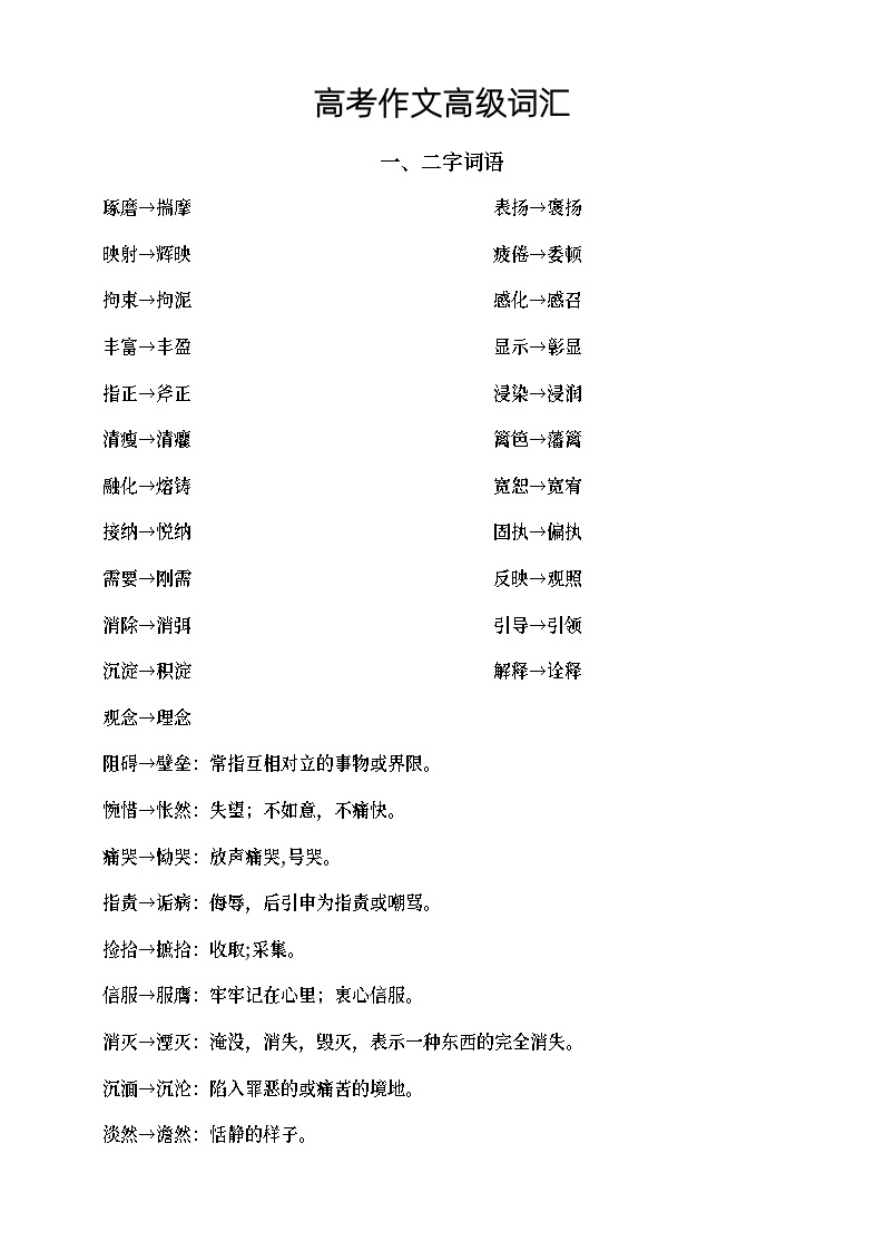 高中语文高考作文高级词汇（二字词语和四字词语共99个）01