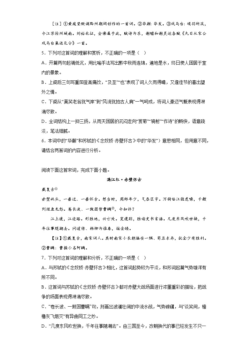 9.1《念奴娇 赤壁怀古》同步练习 2022-2023学年统编版高中语文必修上册第3页