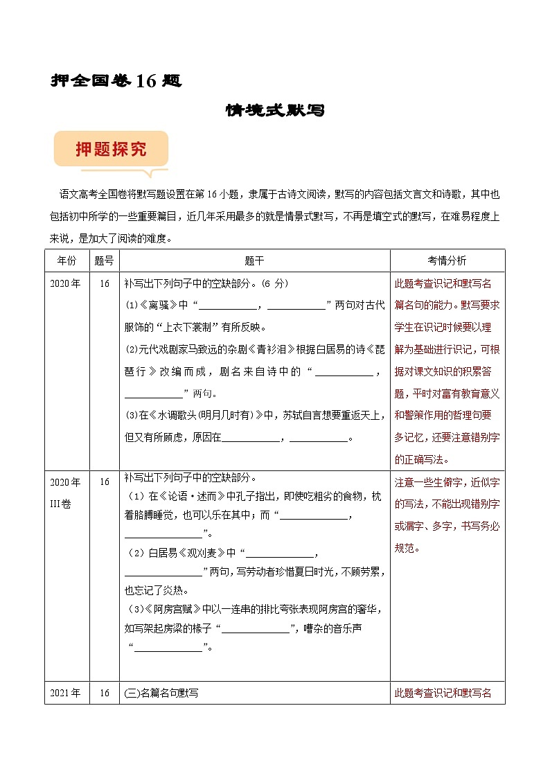 全国卷16题专项押题集训： 名篇名句默写（原卷版）第1页