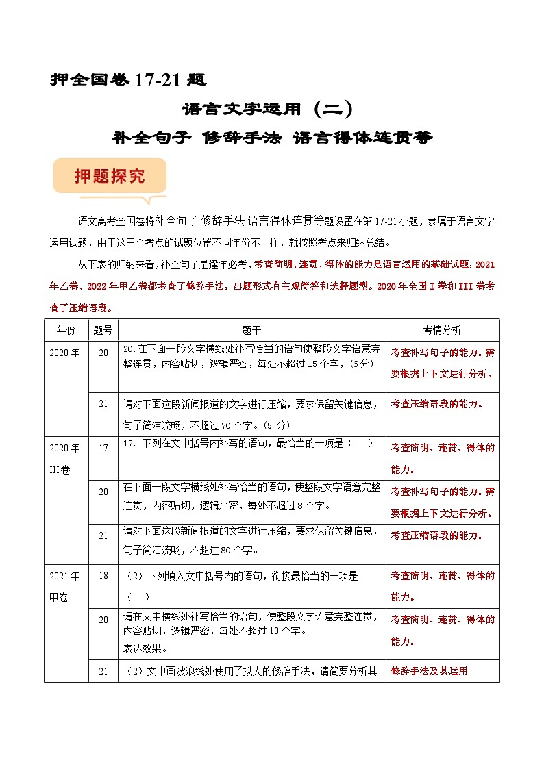 全国卷17-21题专项押题集训：（二）补全句子、修辞手法、语言得体等（原卷版）第1页