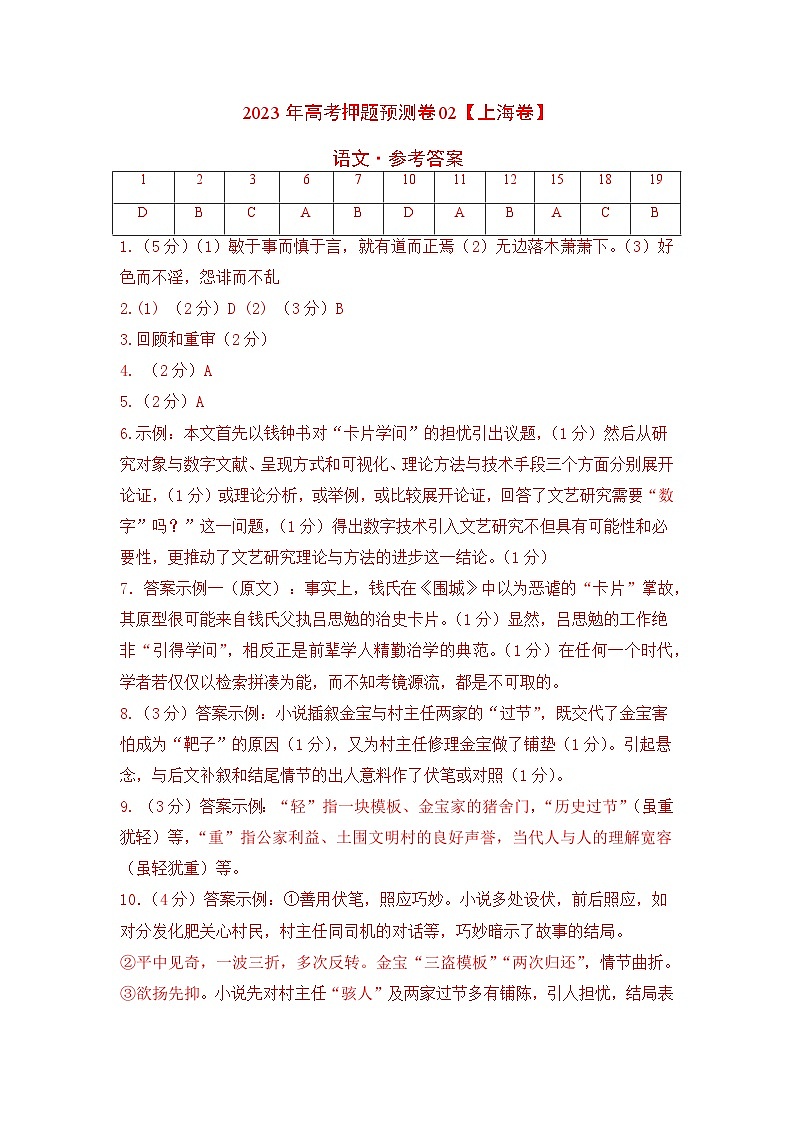 2023年高考语文押题卷02（上海卷）（参考答案）第1页