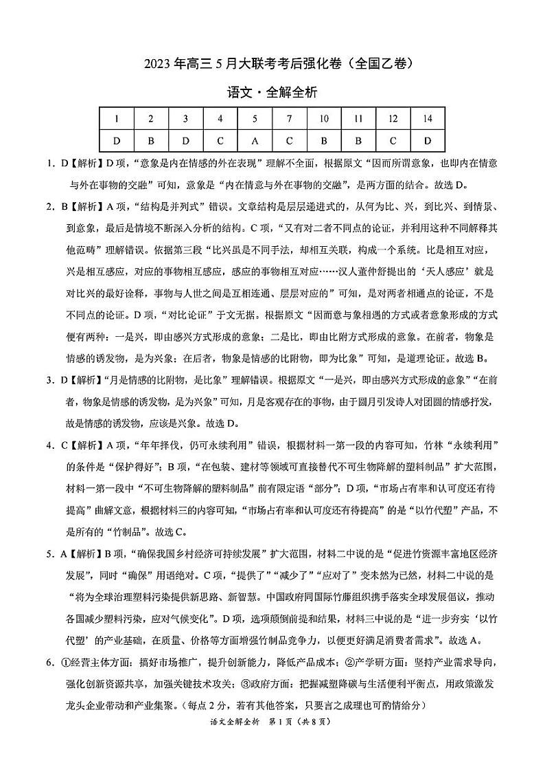 2023年高三5月大联考考后强化卷(全国乙卷）语文全解全析第1页