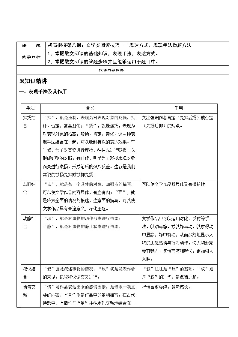 高一语文暑假讲义-初高衔接08：文学类阅读技巧——表达方式、表现手法做题方法（教师版+学生版）01