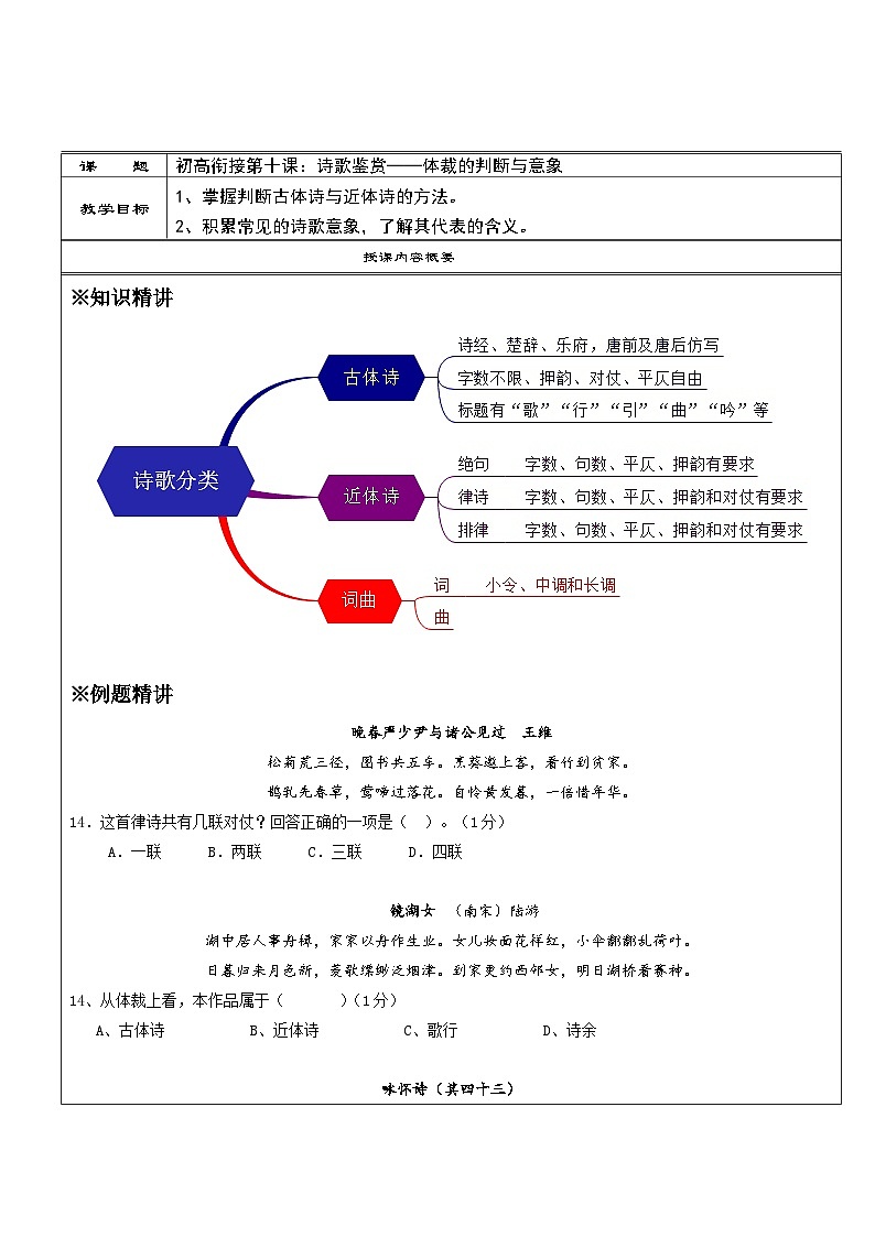高一语文暑假讲义-初高衔接10：诗歌鉴赏——体裁的判断与意象（教师版+学生版）01
