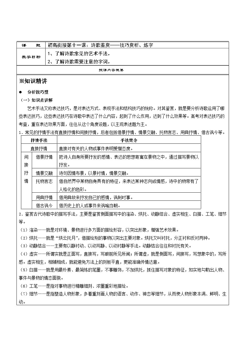 高一语文暑假讲义-初高衔接11：诗歌鉴赏——技巧赏析、炼字（教师版+学生版）01