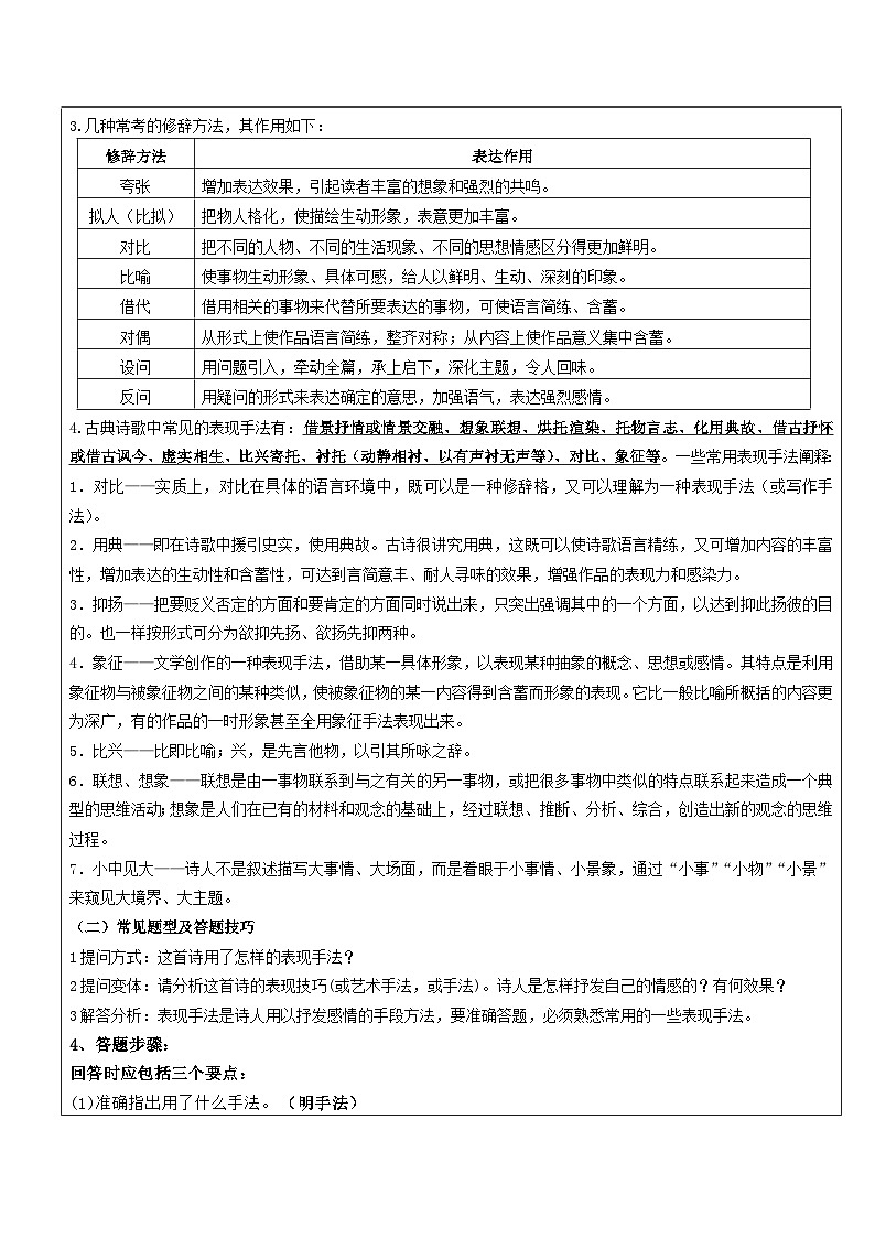 高一语文暑假讲义-初高衔接11：诗歌鉴赏——技巧赏析、炼字（教师版+学生版）02