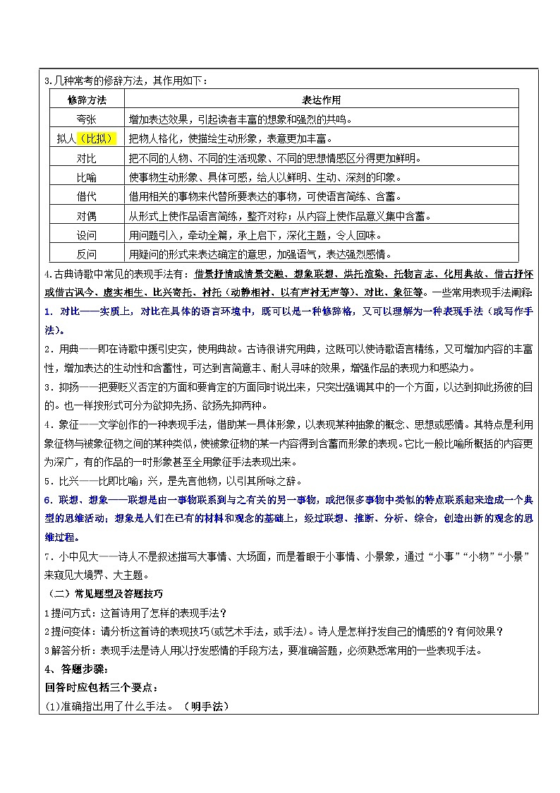 高一语文暑假讲义-初高衔接11：诗歌鉴赏——技巧赏析、炼字（教师版+学生版）02
