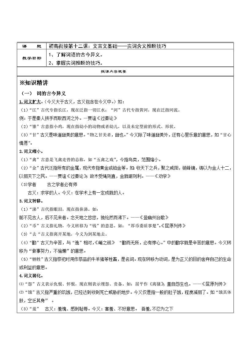 高一语文暑假讲义-初高衔接12：文言文基础——实词含义推断技巧（教师版+学生版）01