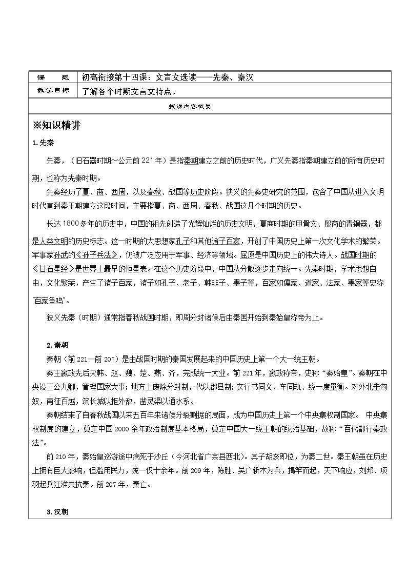 高一语文暑假讲义-初高衔接14：文言文选读——先秦、秦汉（教师版+学生版）01