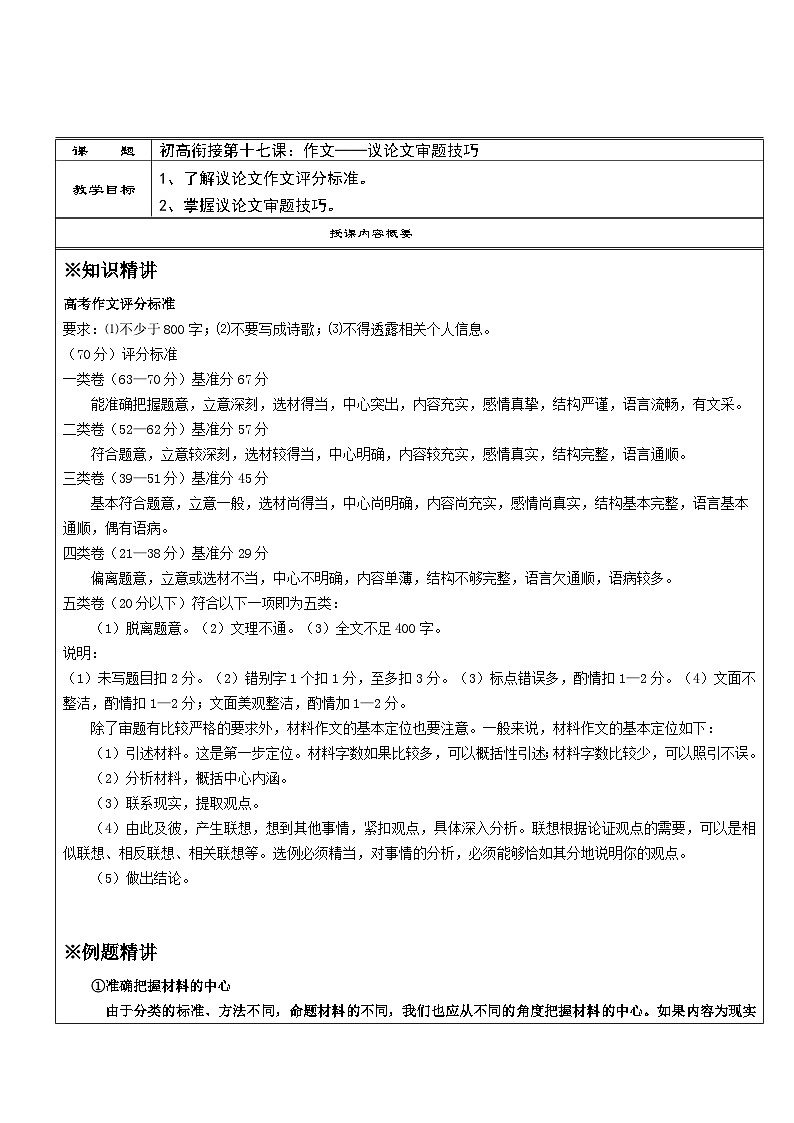 高一语文暑假讲义-初高衔接17：作文——议论文审题技巧（教师版+学生版）01