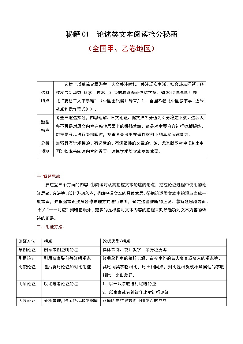 秘籍01 论述类文本阅读抢分秘籍-备战高考语文抢分秘籍（全国通用） 试卷01
