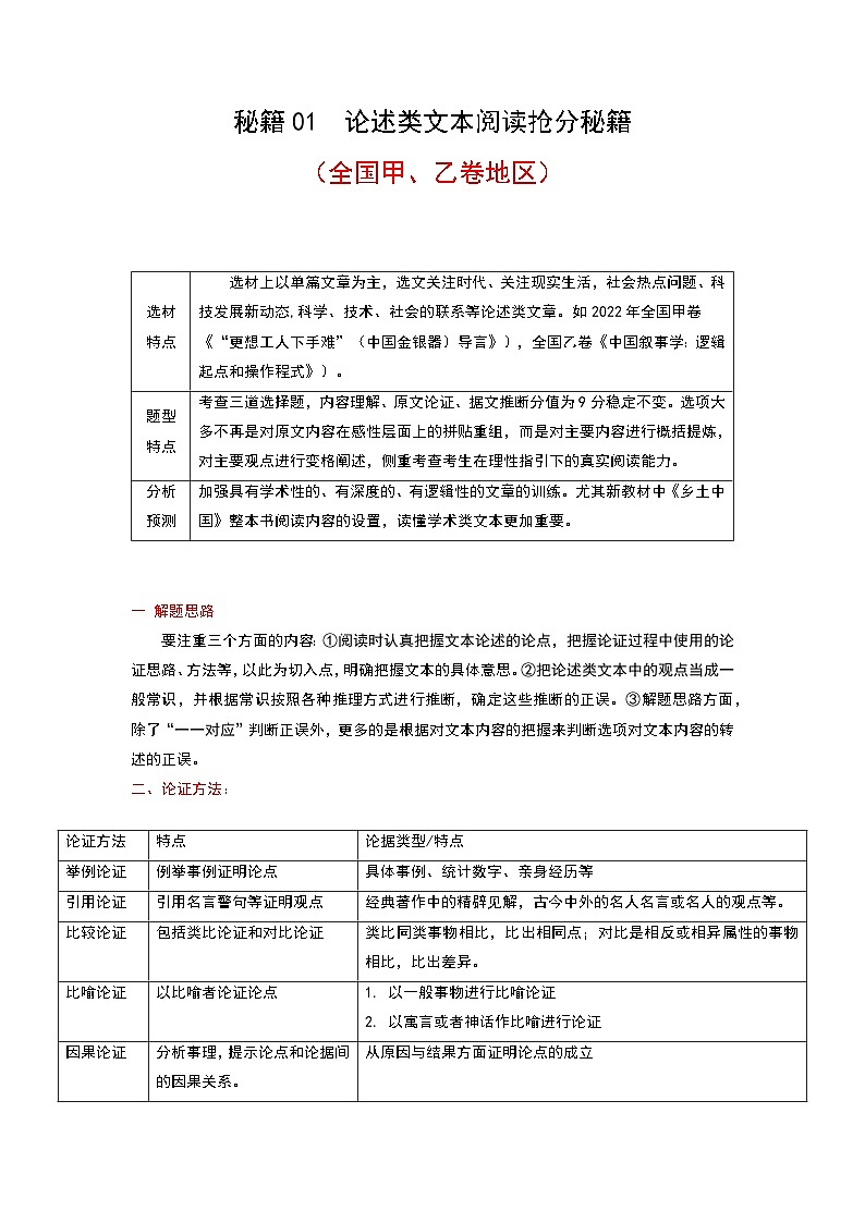 秘籍01 论述类文本阅读抢分秘籍-备战高考语文抢分秘籍（全国通用） 试卷01