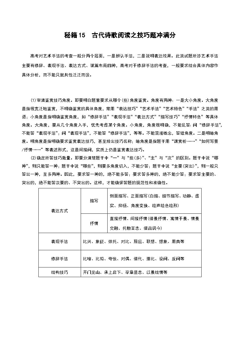 秘籍15 古代诗歌阅读之技巧题冲满分-备战高考语文抢分秘籍（原卷版）第1页