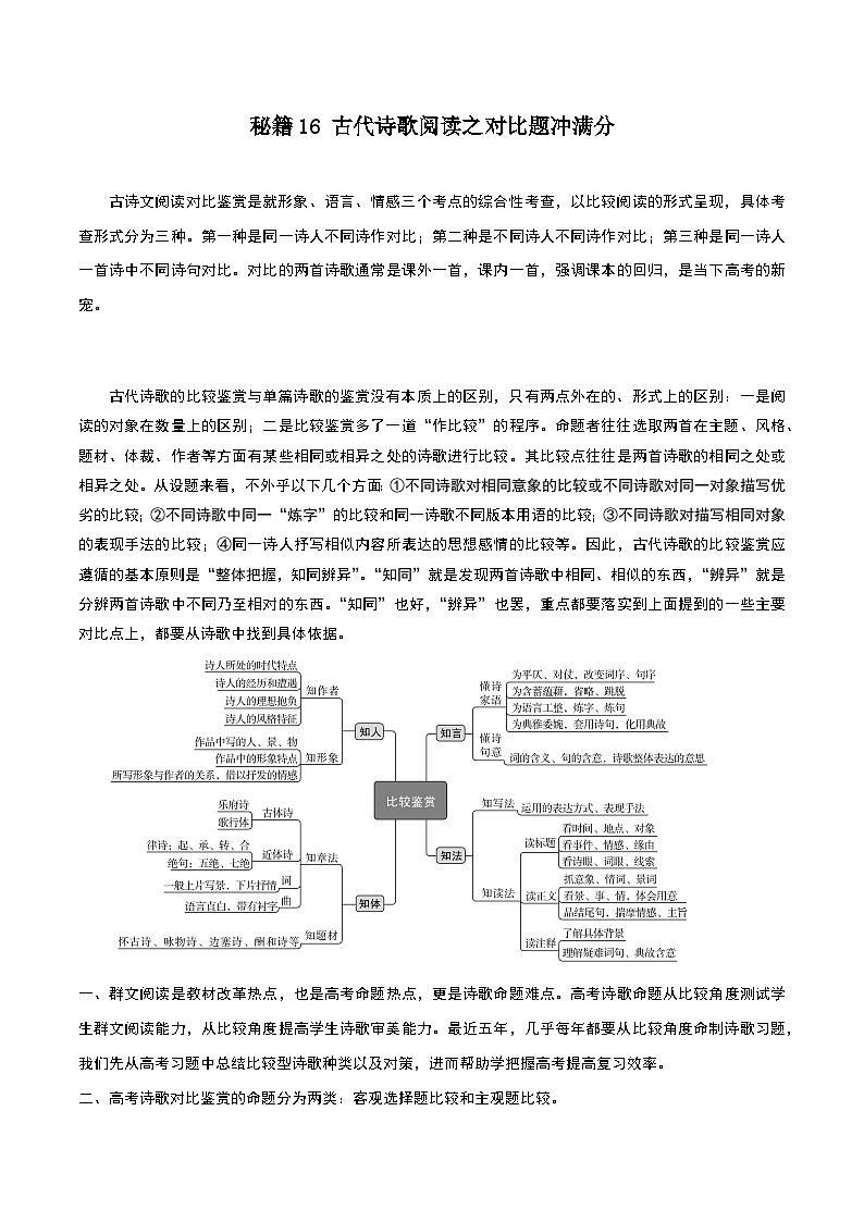 秘籍16 古代诗歌阅读之对比题冲满分-备战高考语文抢分秘籍（解析版）第1页