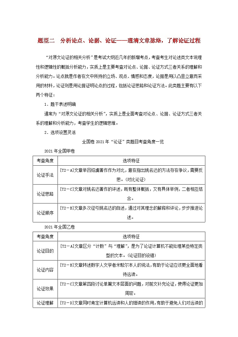 统考版2023届高考语文全程一轮复习第三部分论述类文本阅读专题六论述类文本阅读学案二题型分类研究集中突破考点题型二分析论点论据论证__理清文章脉络了解论证过程01