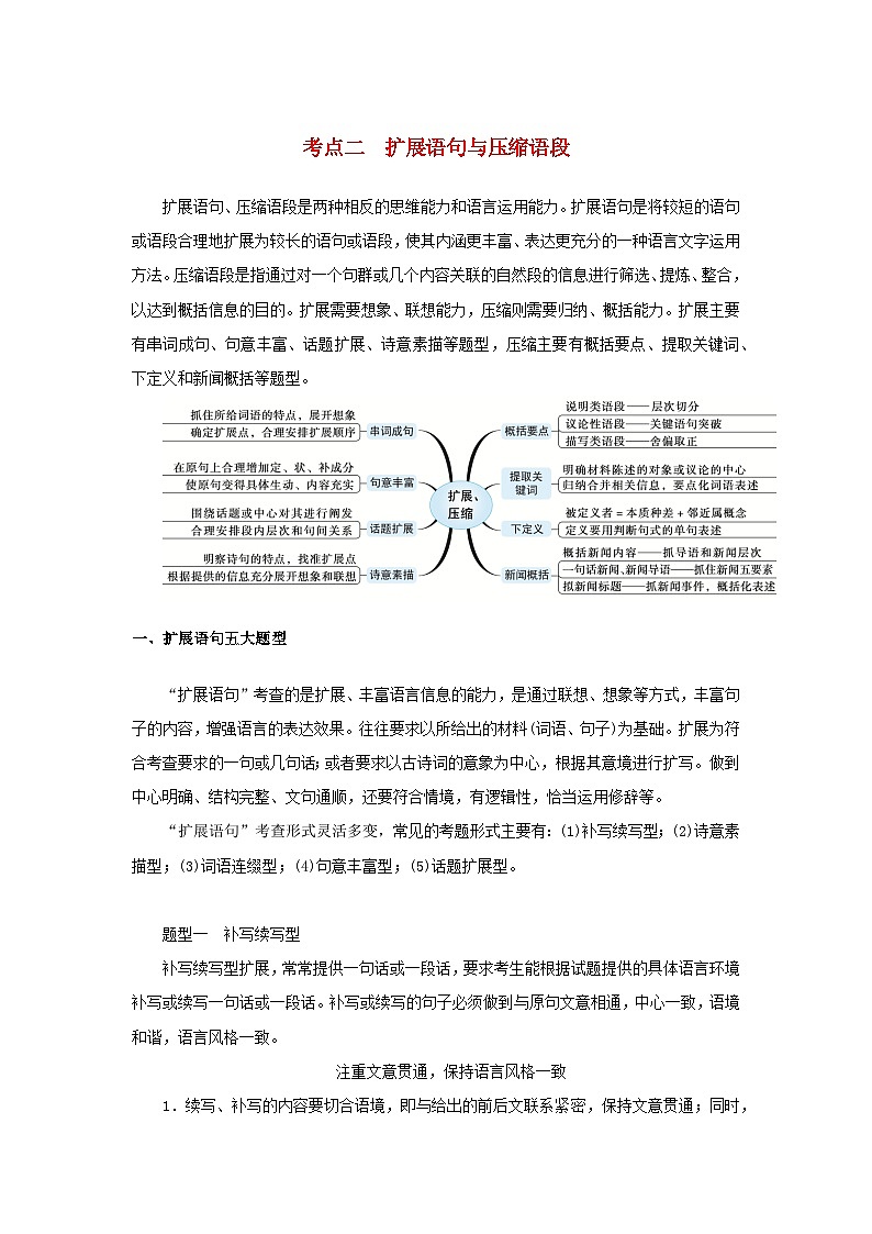 统考版2023届高考语文全程一轮复习第一部分语言文字运用专题二基于真实情境的表达运用学案二专题分类研究集中突破考点考点二扩展语句与压缩语段01
