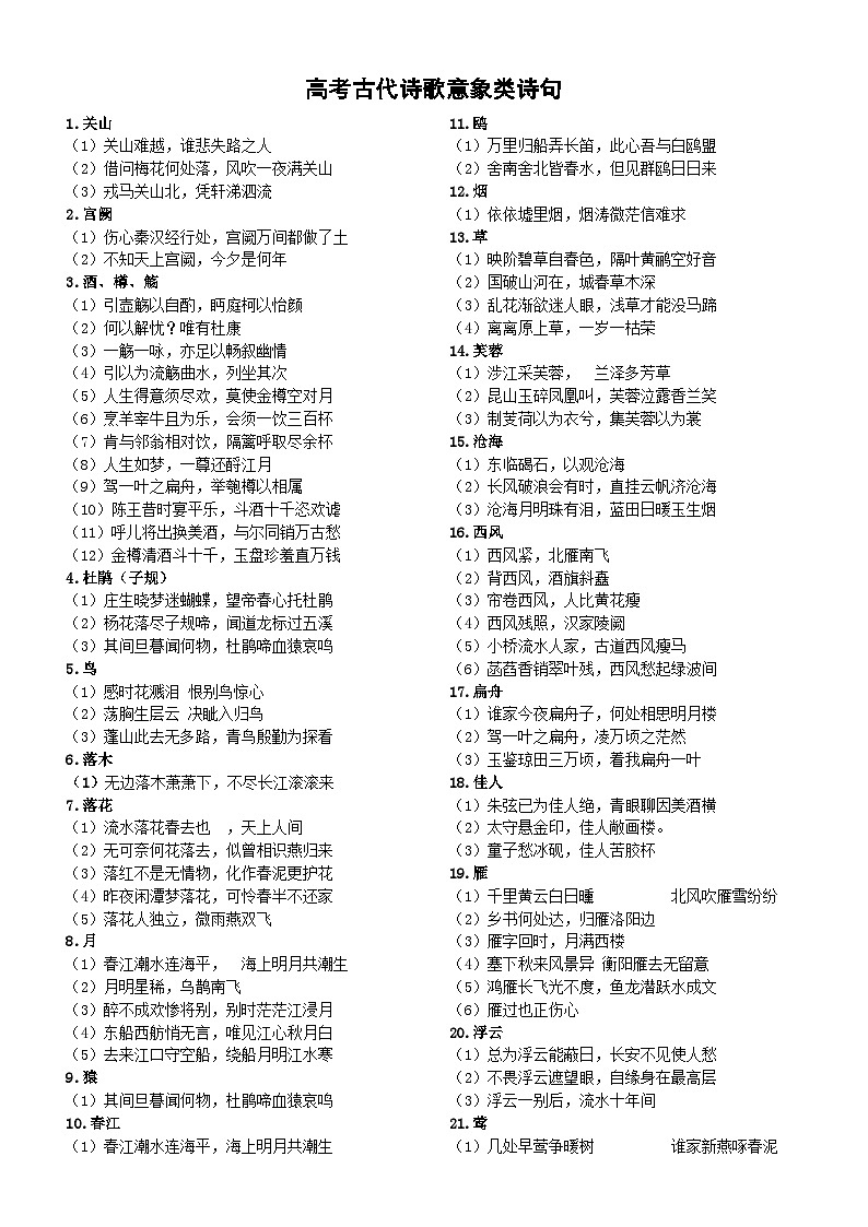 高中语文高考常考古代诗歌诗句意象分类（共63类）第1页