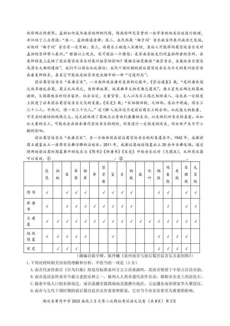 湖北省黄冈中学2023届高三5月第二次模拟考试 语文02