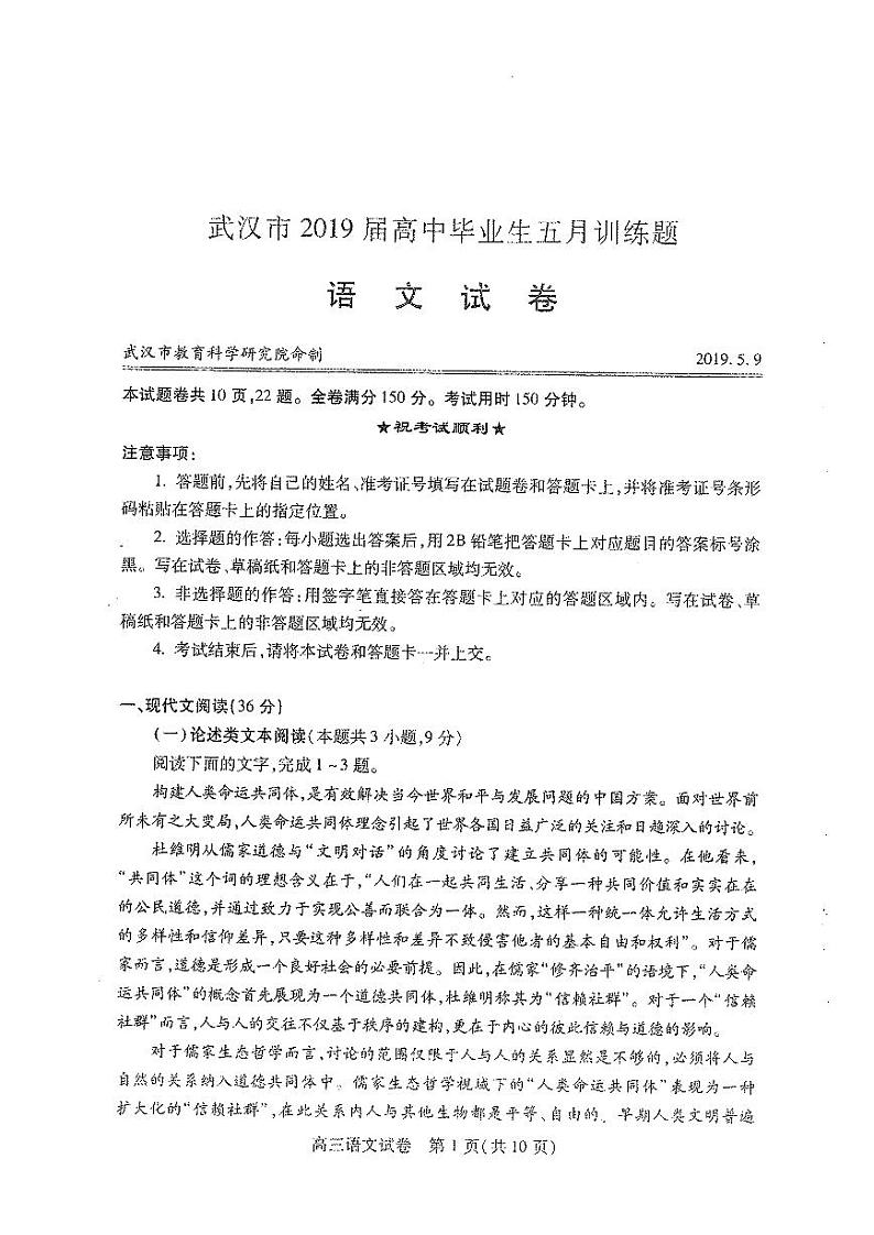 2019届湖北省武汉市高三5月模拟训练语文试卷 PDF版01