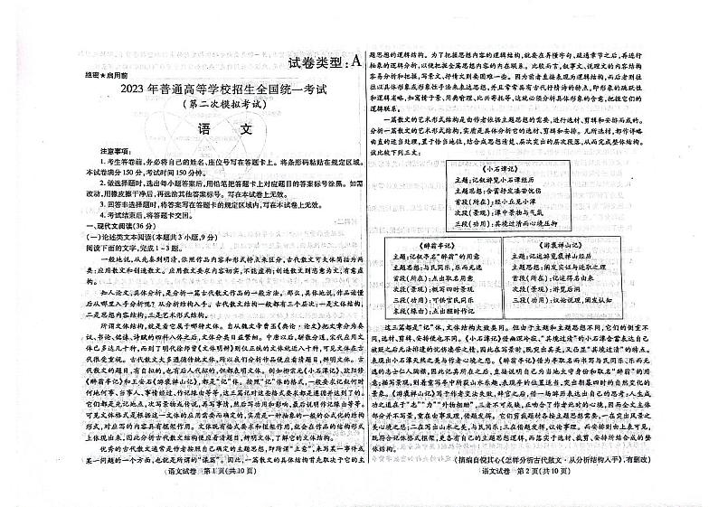 2023届内蒙古包头市高三第二次模拟考试 语文第1页